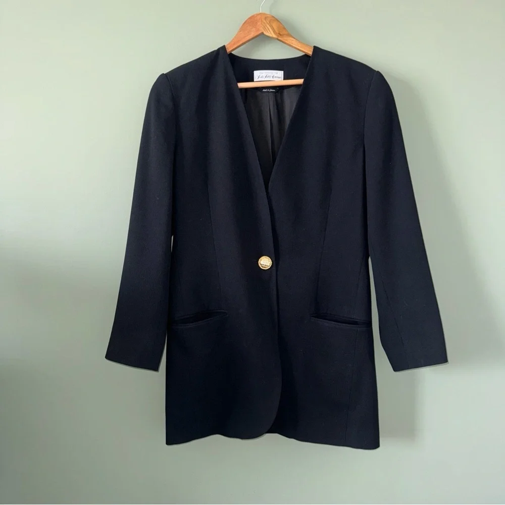 Vintage Saks Fifth Avenue Black Blazer Jacket Womens 8 Wool Blend Gold Button
